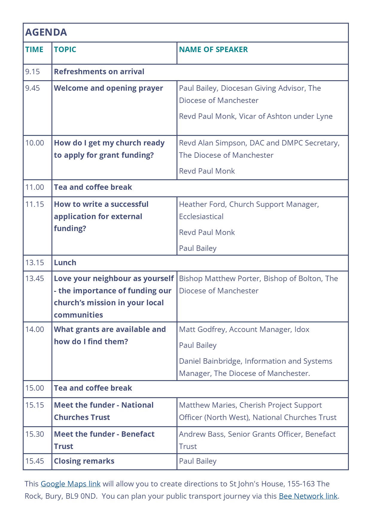 Diocese of Manchester grants training on Thursday 3rd July: agenda image